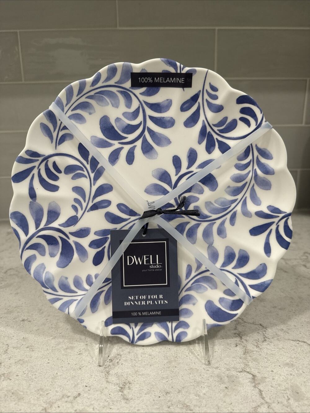 Set 4 DWELL Melamine 10.5” Dinner Plates Matte Blue & White Scalloped Edge NEW
